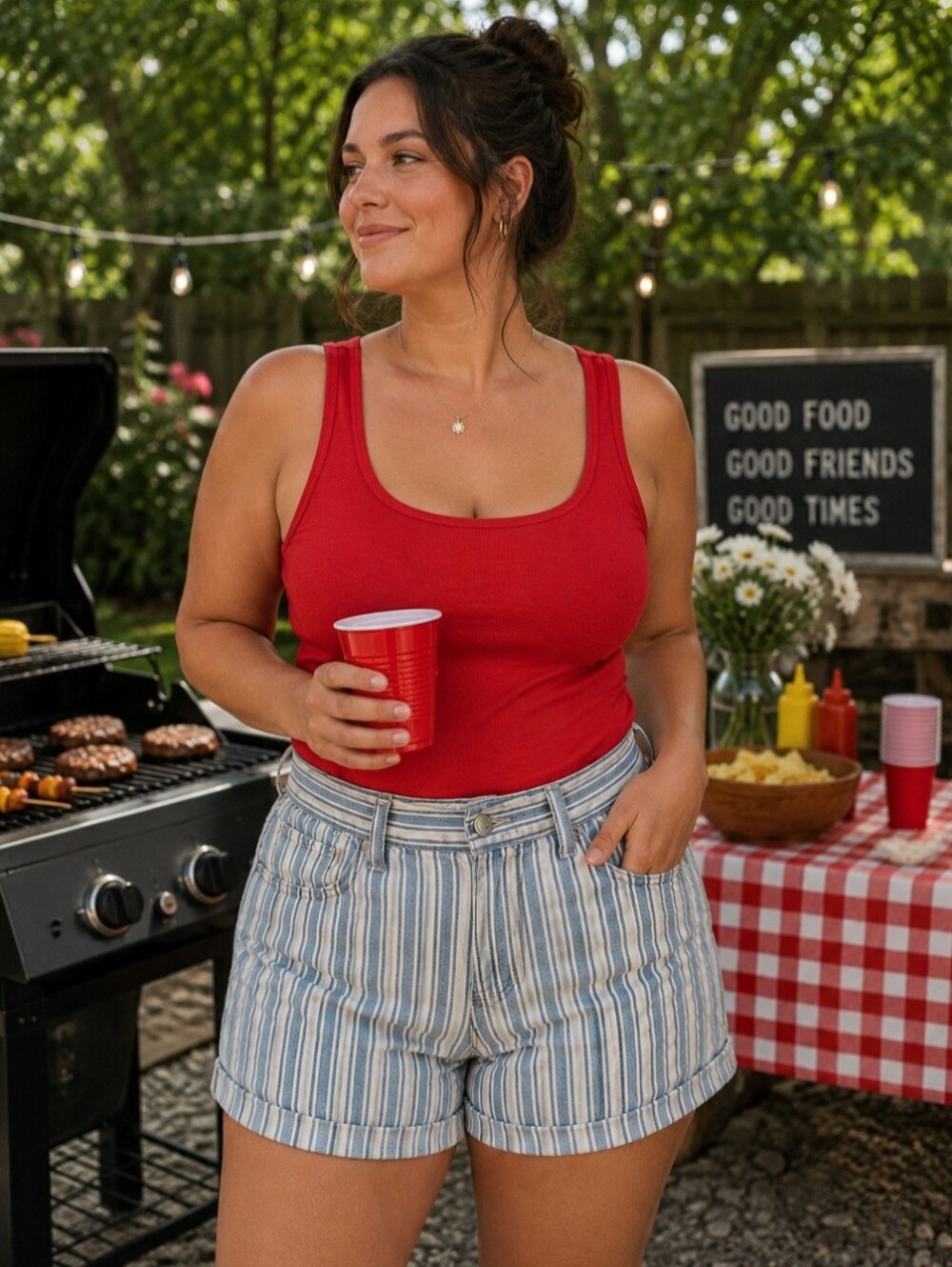American Eagle Outfitters Red Tank with Blue-White Striped Shorts